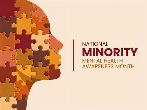 National minority mental health awareness month concept with a human head silhouette made of colorful puzzle pieces
