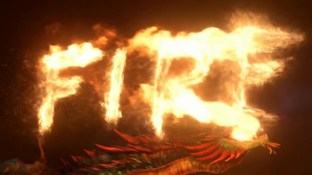 Static shot of flying dragon breathing fire that forms glowing FIRE word with sparks on dark background