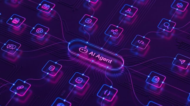 AI agentic workflow automation artificial intelligence agent software interface nodes triggers data tool dashboard coding icon flow process database technology 3d rendering