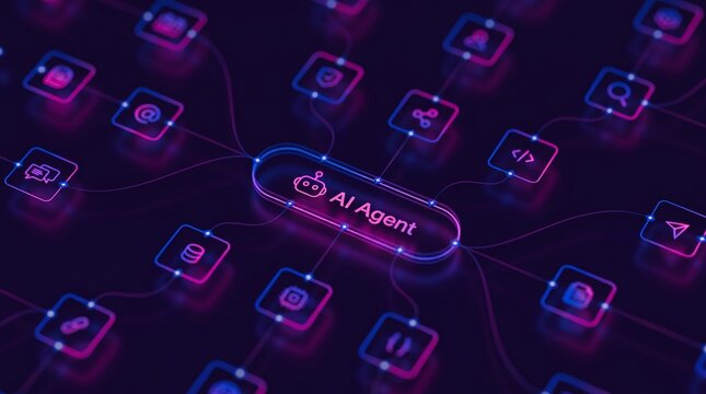 AI agentic workflow automation artificial intelligence agent software interface nodes triggers data tool dashboard coding icon flow process database technology 3d rendering