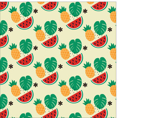 Seamless vector pattern with cute watermelon slices, pineapples, and tropical monstera leaves on a light cream background © Shan