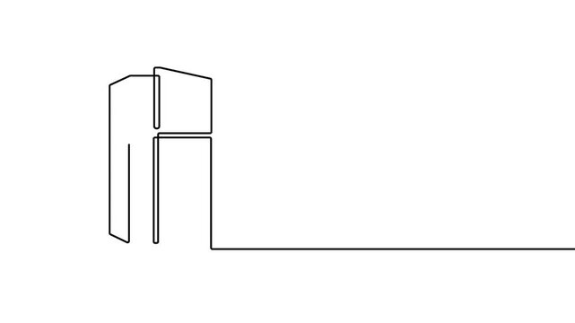 Refrigerator animation in continuous line drawing style for kitchen appliance concepts. Minimalist single line art animation of a kitchen refrigerator on a white background.