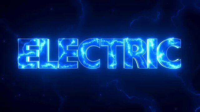 Zoom in shot of bold ELECTRIC word filled with blue lightning bolts glowing on dark navy background