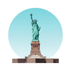 Fototapeta premium Vector illustration of the Statue of Liberty National Monument on its pedestal in New York City harbor, featuring the iconic torch and crown against a circular blue sky background.