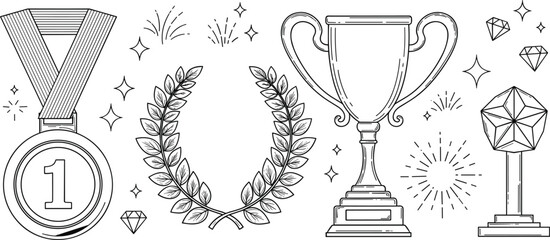 Champion trophy cup and first place medal line icons set with laurel wreath star prize diamonds and sparkles © MdMursalin