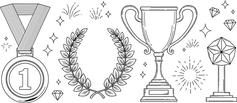 Champion trophy cup and first place medal line icons set with laurel wreath star prize diamonds and sparkles