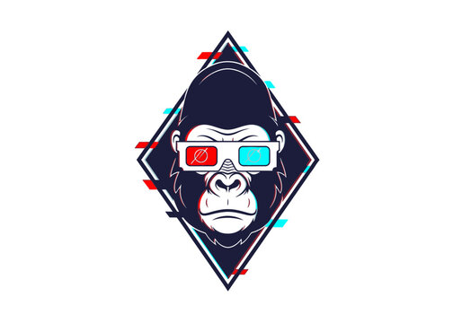 Gorilla wearing 3 d glasses inside a geometric diamond vector illustration