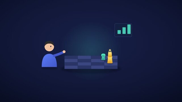 A video shows a cartoon man playing a game on a digital board