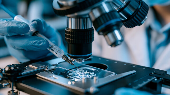 Embryologist in sterile gloves using precision microinjection equipment to perform CRISPR gene editing procedure on human embryo under high magnification microscope, genetic modification research ra