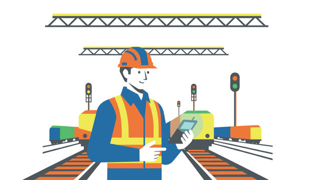Railway worker wearing hard hat and high-visibility vest holding tablet with train tracks and signals in background at industrial site.