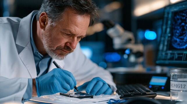 Forensic examiner in quiet laboratory environment carefully documents removed solid-state drive from sealed evidence bag, write blocker device connected and imaging software initialized on examinati