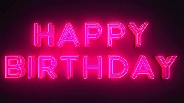 Static shot of glowing pink neon 3D HAPPY BIRTHDAY text on dark purple background with warm glow