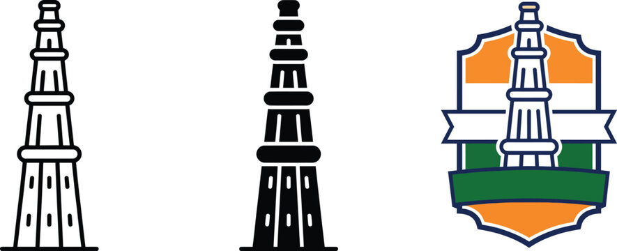 Qutub Minar silhouette vector icons for Indian Independence Day graphic designs
