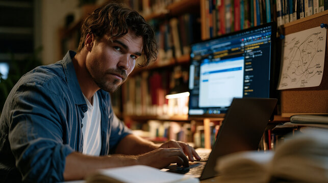 Freelance open source intelligence consultant in library maps online persona network using browser tab array showing forum registrations, image reverse searches and domain registration history, hand