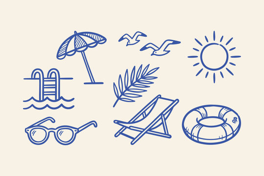 Set of hand drawn summer vacation icons with beach umbrella sun palm leaf deck chair sunglasses swimming pool ladder and lifebuoy ring Vector