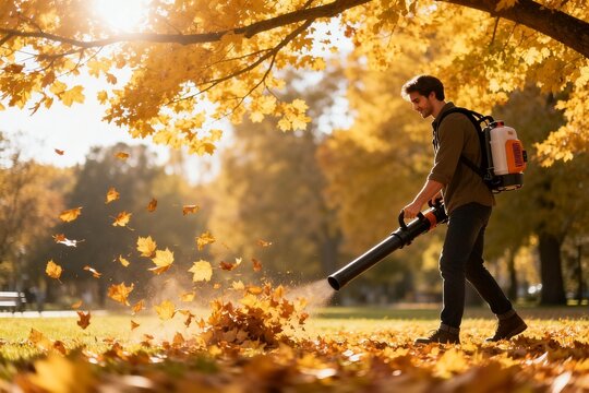 Man using leaf blower in autumn park