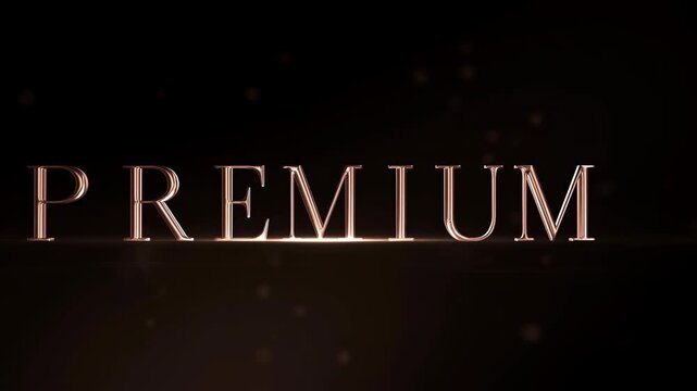 Zoom in shot of elegant PREMIUM word in rose gold metallic serif font with bokeh on dark background