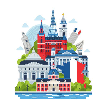 Vector illustration of iconic Paris and French landmarks featuring the Eiffel Tower, Pantheon, clock tower, and a tricolor map of France, designed in national blue, white, and red colors.