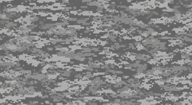 Abstract grayscale digital camouflage pattern featuring pixelated rectangular shapes in various shades of gray and charcoal for tactical military backgrounds and urban textile textures.