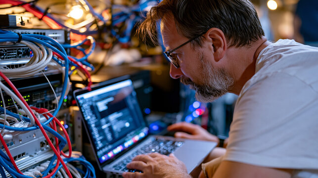 Network security architect in basement server room crouches beside deliberately vulnerable honeypot system, monitoring laptop showing active attacker lateral movement session being recorded, digital