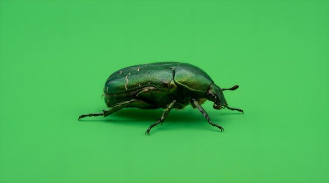 Metallic green beetle on chroma key background, iridescent rose chafer insect in profile, macro photography of cetonia aurata for vfx and compositing