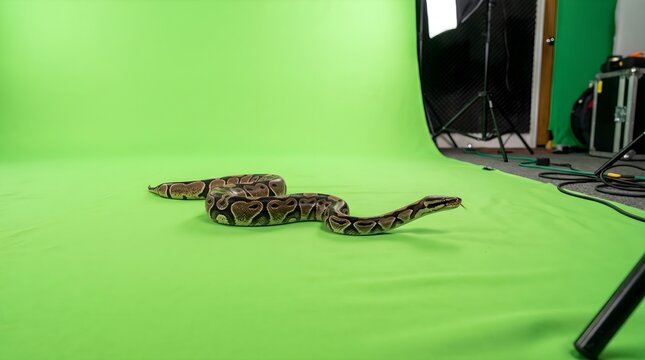 Ball python snake on green screen background, exotic pet reptile in professional film studio, patterned royal python for vfx compositing