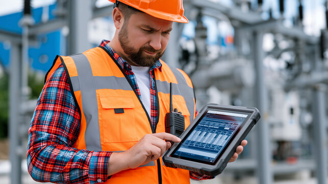 Pipeline control engineer in outdoor substation monitors SCADA remote terminal unit interface on ruggedized tablet, showing anomalous valve command sequence consistent with unauthorized industrial c