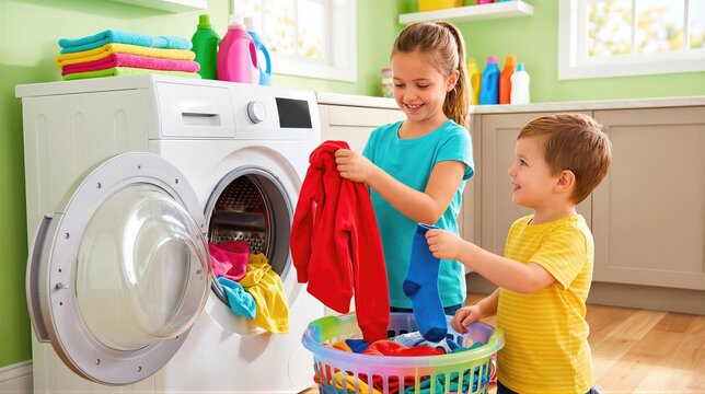 Girl and boy helper doing laundry near washing machine. Children loading clothes into dryer for household chore. Happy siblings washing laundry together at home. Family care concept.