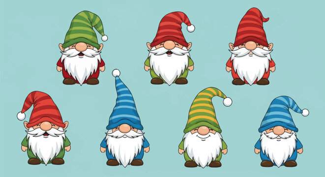 Seven cute cartoon garden gnome characters with long white bushy beards and colorful striped pointed hats in red, blue, and green, illustrated on a solid light teal background.