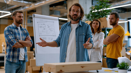 startup founder explaining company vision on rolling whiteboard to first five employees in empty office on move-in day, mismatched furniture and unpacked boxes surrounding early team, origin energy