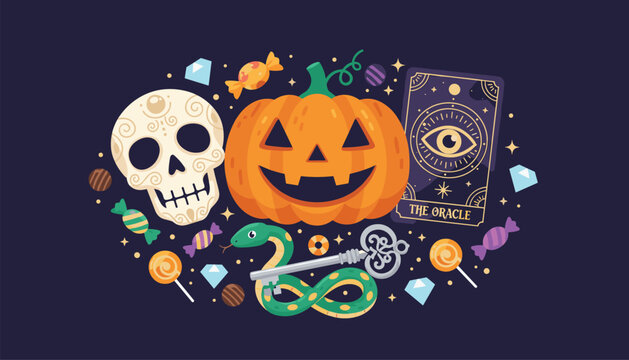 Spooky Halloween composition featuring a jack-o-lantern, sugar skull, oracle card, snake, and key on a dark purple background.