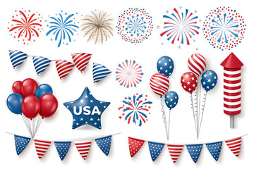 Fototapeta premium Patriotic fourth of july party decorations featuring fireworks balloons and bunting set in red white and blue colors isolated on white background set