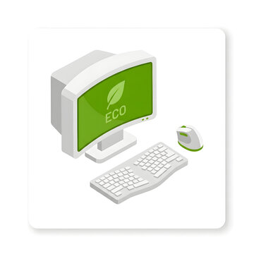 Retro isometric computer setup with 'eco' display, keyboard, and mouse.