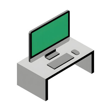 Isometric modern computer setup on minimalist desk with green screen.