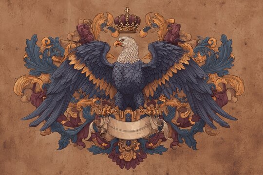 Traditional heraldry emblem: eagle perched on shield with scrollwork and crown