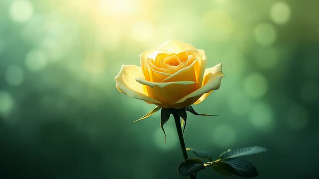 Single yellow rose flower illuminated by warm sunlight against a softly blurred green background