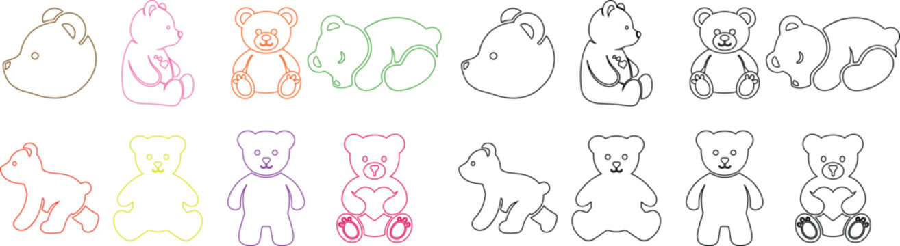 Teddy bear vector icon set collection featuring cute toy bear symbols in solid and outline design isolated on transparent background for kids nursery themes