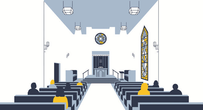 People in synagogue attending religious service, modern interior design