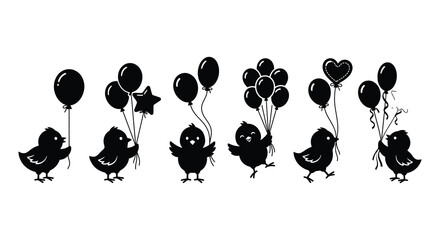 Black Silhouette Of Chicks Holding Balloons Vector Illustration © MdNirob