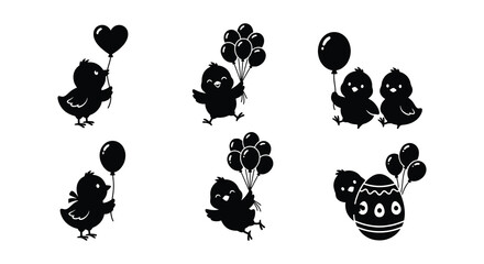 Black Silhouette Of Chicks Holding Balloons Vector Illustration © MdNirob