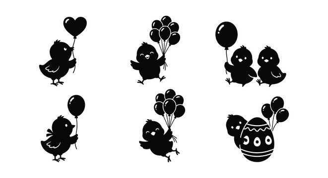 Black Silhouette Of Chicks Holding Balloons Vector Illustration