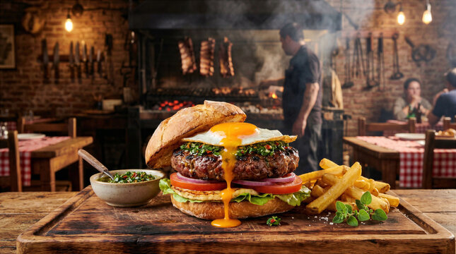 Argentine parrilla burger with runny fried egg and chimichurri in rustic grill house