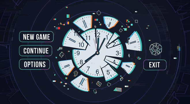 Futuristic Game Menu Interface with Clock and Navigation Options