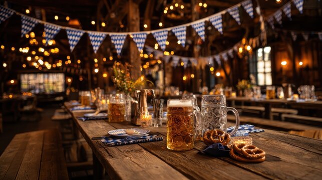 Warm Oktoberfest Table Backdrop: Rustic Wood, Beer Steins, and Pretzels Under Festive Blue&acirc;&euro;&lsquo;White Bunting