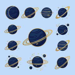 A collection of various dark blue planets with golden ring systems © Zaidi