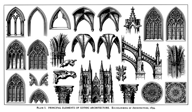Gothic architecture vintage engraving illustration inspired by 1897 encyclopedia