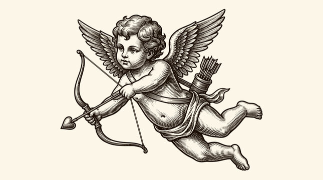 Vintage Cupid Angel with Bow and Arrow Illustration