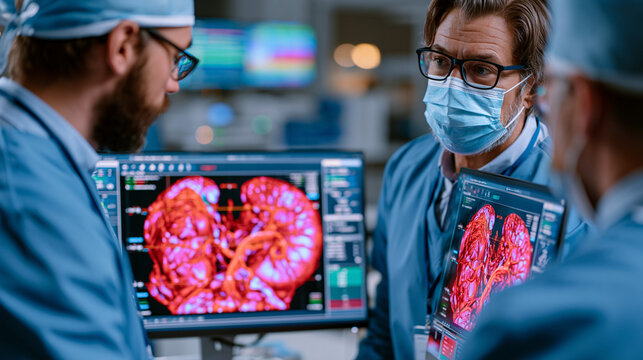 Transplant surgeon team reviewing xenotransplantation pig organ viability assessment data before groundbreaking genetically modified kidney procedure, surgical specialists examining three dimensiona
