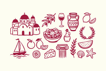 Set of hand drawn greek theme icons featuring traditional food landmarks and mediterranean travel symbols in a simple red sketch style Vector © Foysal