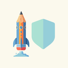Fototapeta premium A stylized pencil rocket launches beside a protective shield icon